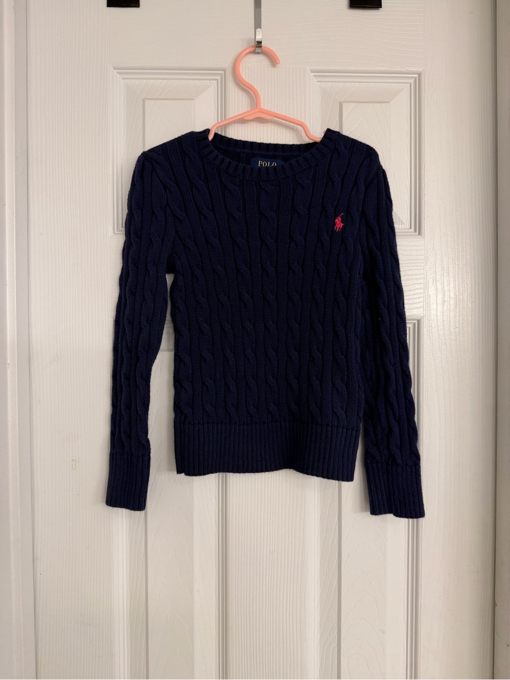 Polo by Ralph Lauren Navy Cable Knit Crewneck Sweater with Pink Pony